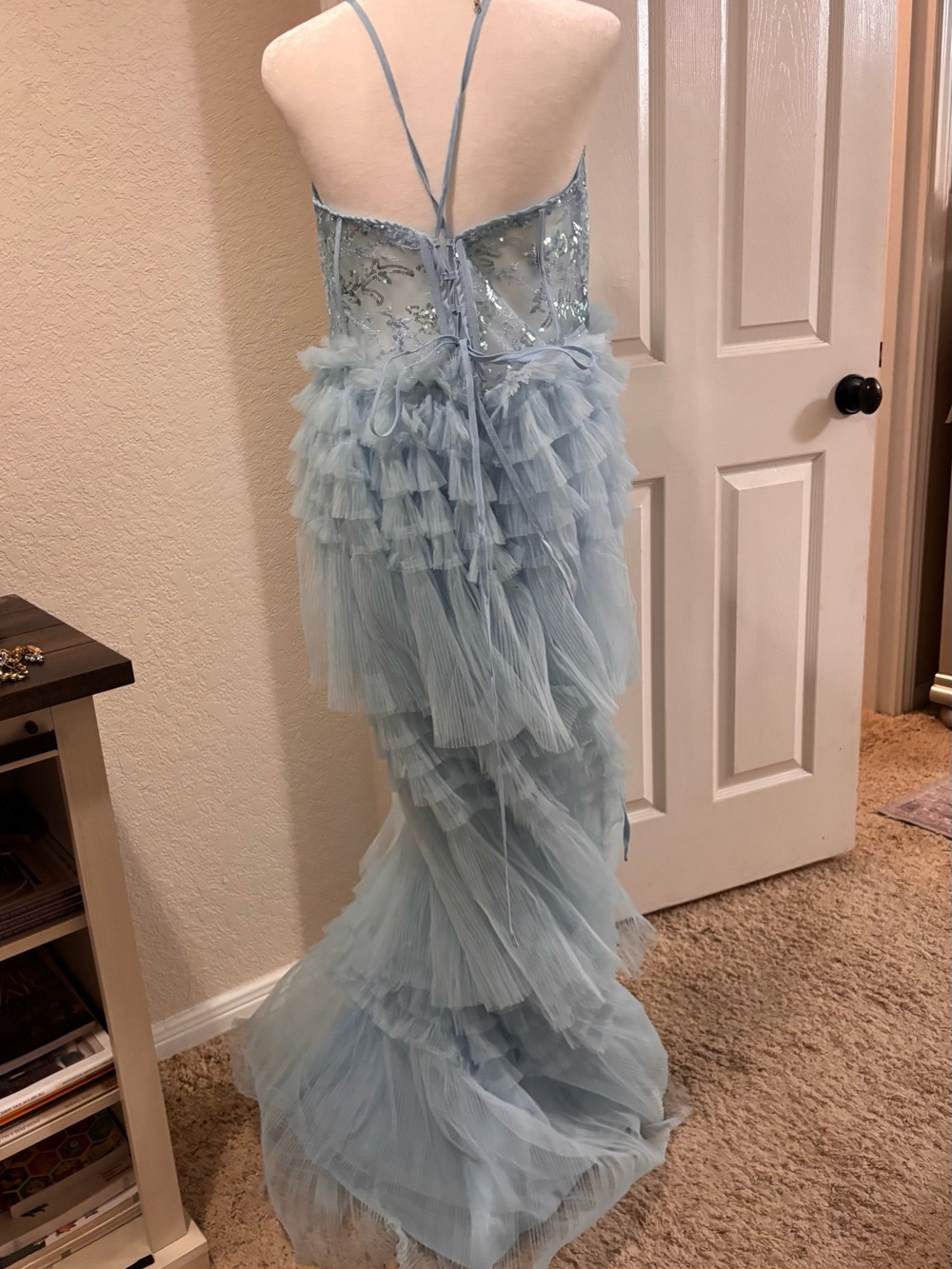 Light Blue Ruffled Tulle Prom Dress with Embellished Bodice